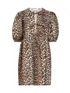 Ganni Brown Leopard Printed Cotton Tie String Minidress In Animal Print