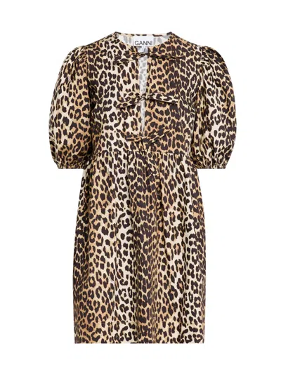 Ganni Brown Leopard Printed Cotton Tie String Minidress In 943 Leopard