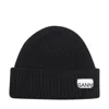 Ganni Womens Black Logo-patch Wool-blend Beanie Hat In Black