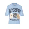 Ganni Light Blue Crewneck T-shirt With Maxi Logo Embroidery On The Front