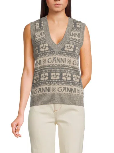Ganni Women's Logo Wool Blend Sweater Vest In Grey