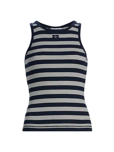 Ganni Women's Logo-embroidered Striped Cotton Tank In Blue