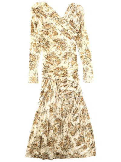 Ganni Floral-print Long-sleeved Dress In Neutral