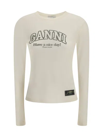 Ganni Crew Neck Graphic Print Long Sleeve Top In White