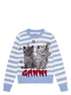 Ganni Light Blue Crewneck With Maxi Logo Print On The Front And All-over Striped Motif In Blue