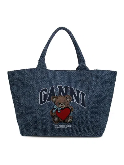 Ganni Women's Medium Bear Trapeze Denim Shopper Tote Bag In Blue