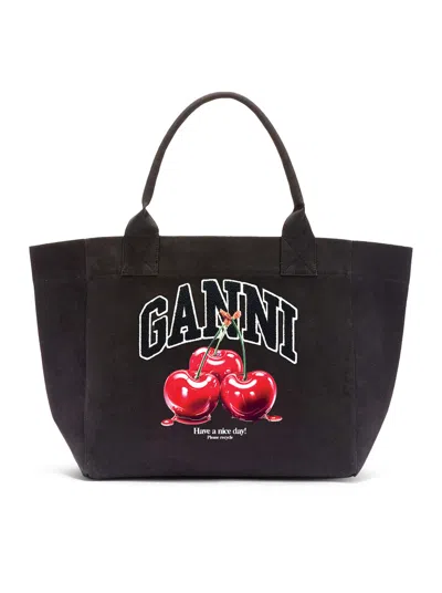 Ganni Women Medium Cherry Cotton Tote Bag In Blue