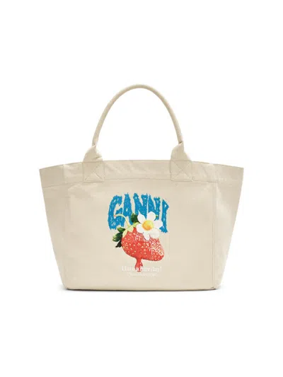 Ganni Women's Medium Embroidered-logo Graphic Cotton Canvas Shopper Tote Bag In Yellow