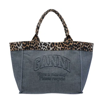 Ganni Women Medium Trapeze Flock Reversible Shopperbag With Logo In Blue