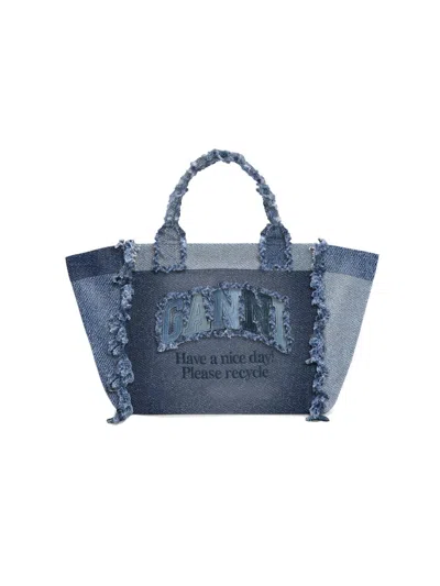 Ganni Women's Medium Trapeze Logo Denim Shopper Tote Bag In Blue