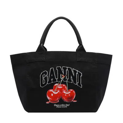 Ganni Women Medium Trapeze Shopper Bag With Logo And Cherry Print In Black