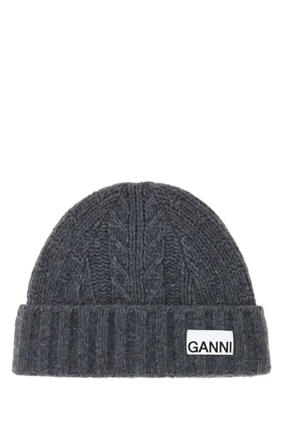 Ganni Women Melange Graphite Wool Blend Beanie Hat In Gray