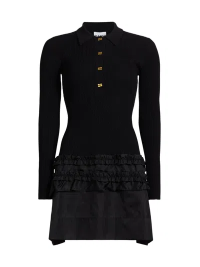Ganni Women's Mélange Rib-knit A-line Minidress In Black