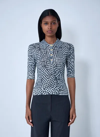 Ganni Women Mesh Printed Polo Top In Blue