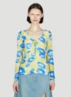 Ganni Printed Mesh U-neck Ruched Blouse In Green
