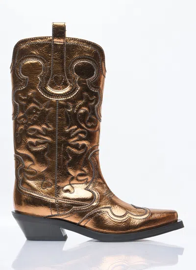 Ganni Women Mid Shaft Embroidered Metallic Western Boots In Gold