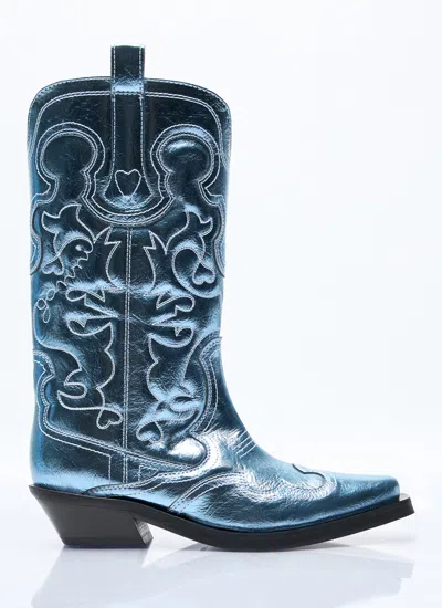 Ganni Women Mid Shaft Embroidered Western Boots In Blue