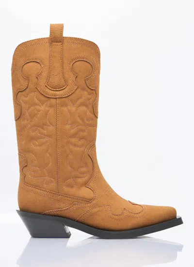 Ganni Women Mid Shaft Embroidered Western Boots In Brown
