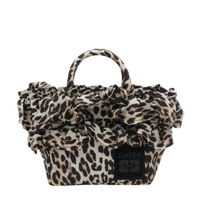 Ganni Women Mini Animalier Ruffled Shopper Bag With Logo In Animal Print