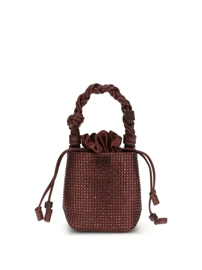 Ganni Mini Crystal Embellished Bucket Handbag In Burgundy