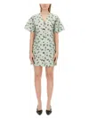 Ganni Grey Floral Printed Organza Jacquard Mini Dress In Green