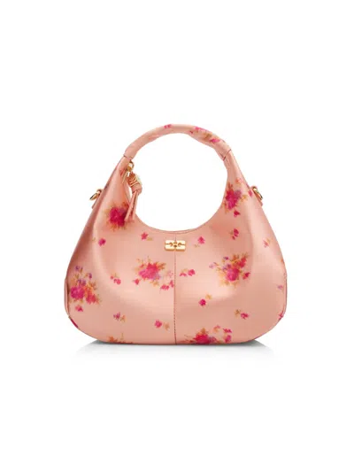 Ganni Women's Mini Floral Satin Hobo Bag In Orange