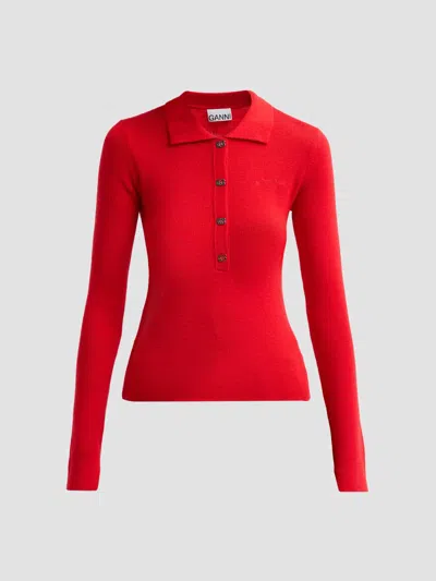 Ganni Merino Wool Polo Sweater In Multi