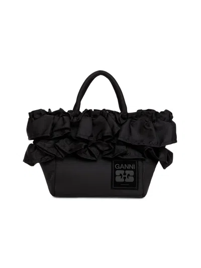 Ganni Women's Mini Ruffle Shopper Tote Bag In Black