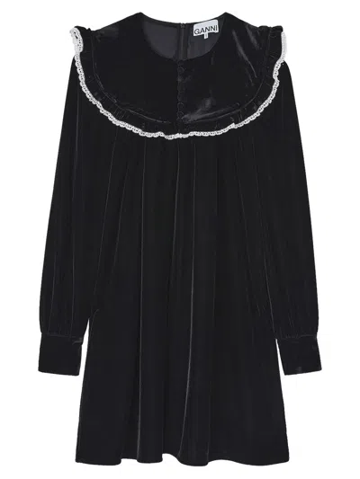 Ganni Stretch Velvet Jersey Collar Mini Dress In Black