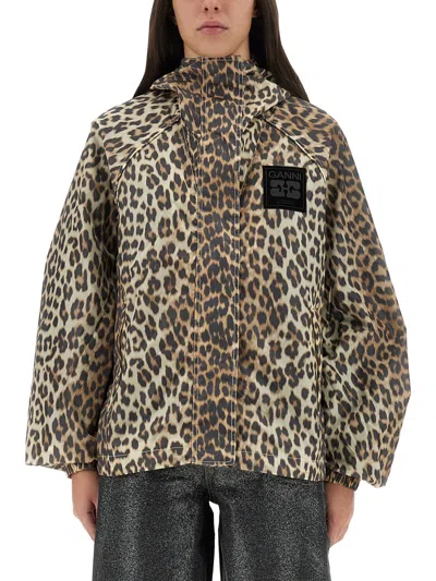 Ganni Leopard Print Nylon Jacket In Animal Print