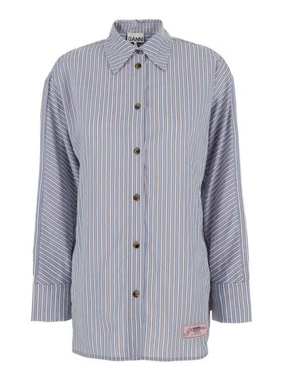 GANNI GANNI WOMEN MULTICOLOR SHIRT WITH ALL-OVER STRIPES AND LOGO PATCH ON THE FRONT IN VISCOSE BLEND WOMA