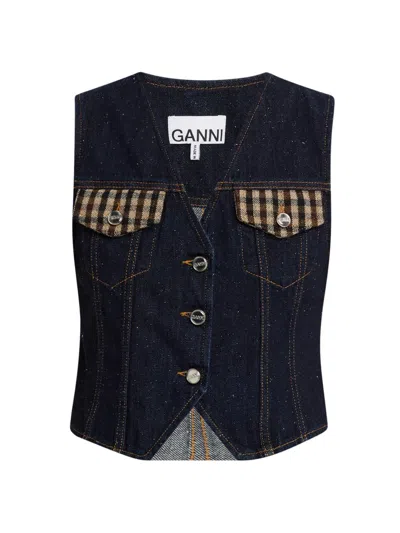Ganni Women's Neppy Cotton Denim Utility Vest In Blue