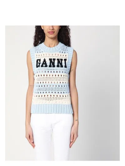 GANNI WOMEN'S OPENWORK STRIPED VEST WITH LOGO INLAY