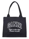 Ganni Black Shopper With Embroidered Logo On The Front In Denim Woman In Black
