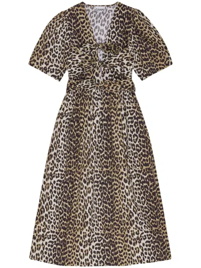 Ganni Leopard Printed Cotton Tie Strap Midi Dress In Brown