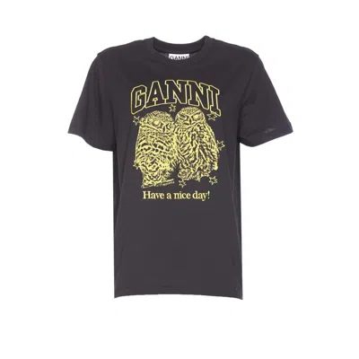 GANNI GANNI WOMEN OWLS PRINT LOGO T-SHIRT
