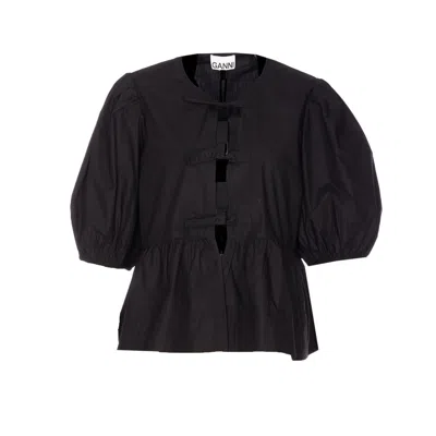 Ganni Poplin Front-tie Peplum Blouse With Puffed-sleeves In Black