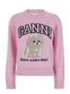 Ganni Women Pink Sweater With Round Neck And Maxi Logo On The Front In Wool Blend Woman In Pink