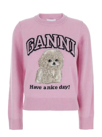Ganni Women Pink Sweater With Round Neck And Maxi Logo On The Front In Wool Blend Woman
