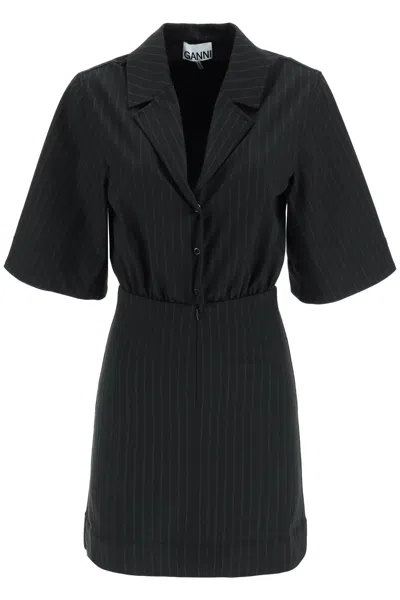 Ganni Black Stripe Minidress In 099 Black