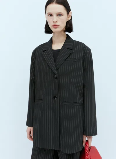 Ganni Long Sleeve Stretch Striped Oversized Blazer In Black