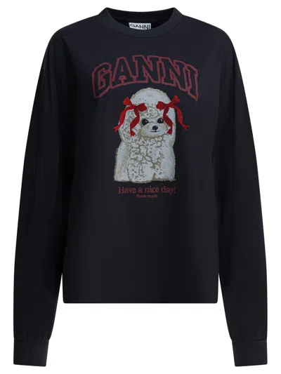 Ganni Women "poddle" Cotton Crewneck Sweatshirt In Black