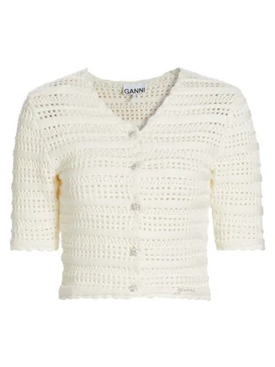 Ganni Women's Pointelle Knit Cardigan In Egret