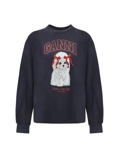 Ganni Poodle Print Long-sleeved T-shirt In Black