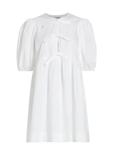 Ganni White Cotton Poplin Mini Dress With Bows In Neutral