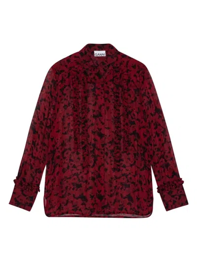 Ganni Women's Printed Georgette Shirt In Maroon