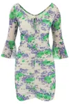 Ganni Short Sleeve Printed Mesh U-neck Ruched Mini Dress In Mixed Colours