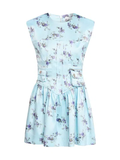 Ganni Printed Double Satin Corset Mini Dress Iced Aqua In Multi