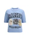 Ganni Light Blue Crewneck T-shirt With Maxi Logo Embroidery On The Front