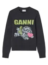 Ganni Playful Puppy Love Graphic Wool Blend Crewneck Sweater In Animal Print